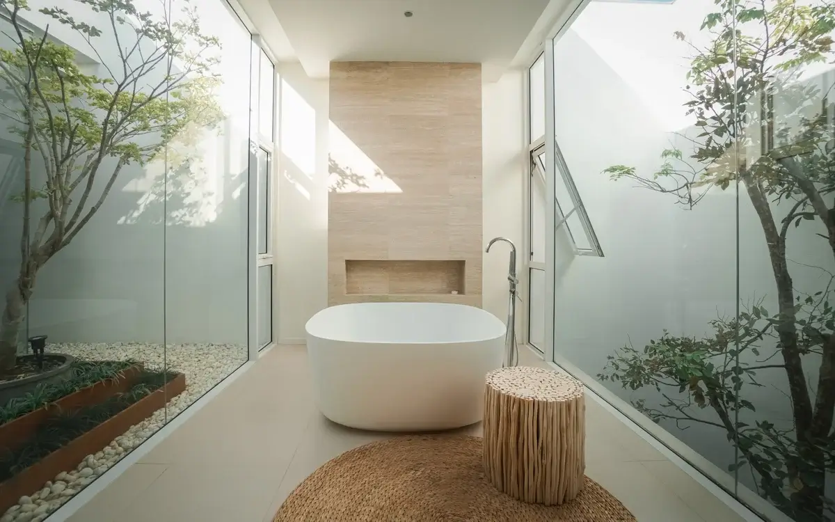 ผนังห้องน้ำสไตล์มูจิ หินอ่อน Rome Travertine
