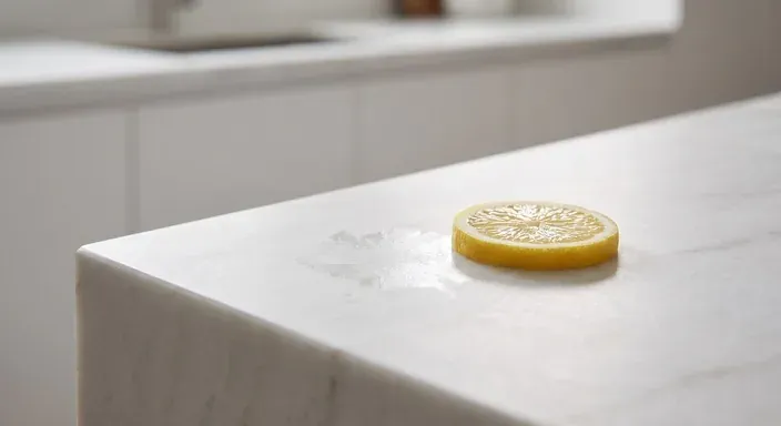 Lemon slice on a white quartzite countertop testing acid resistance