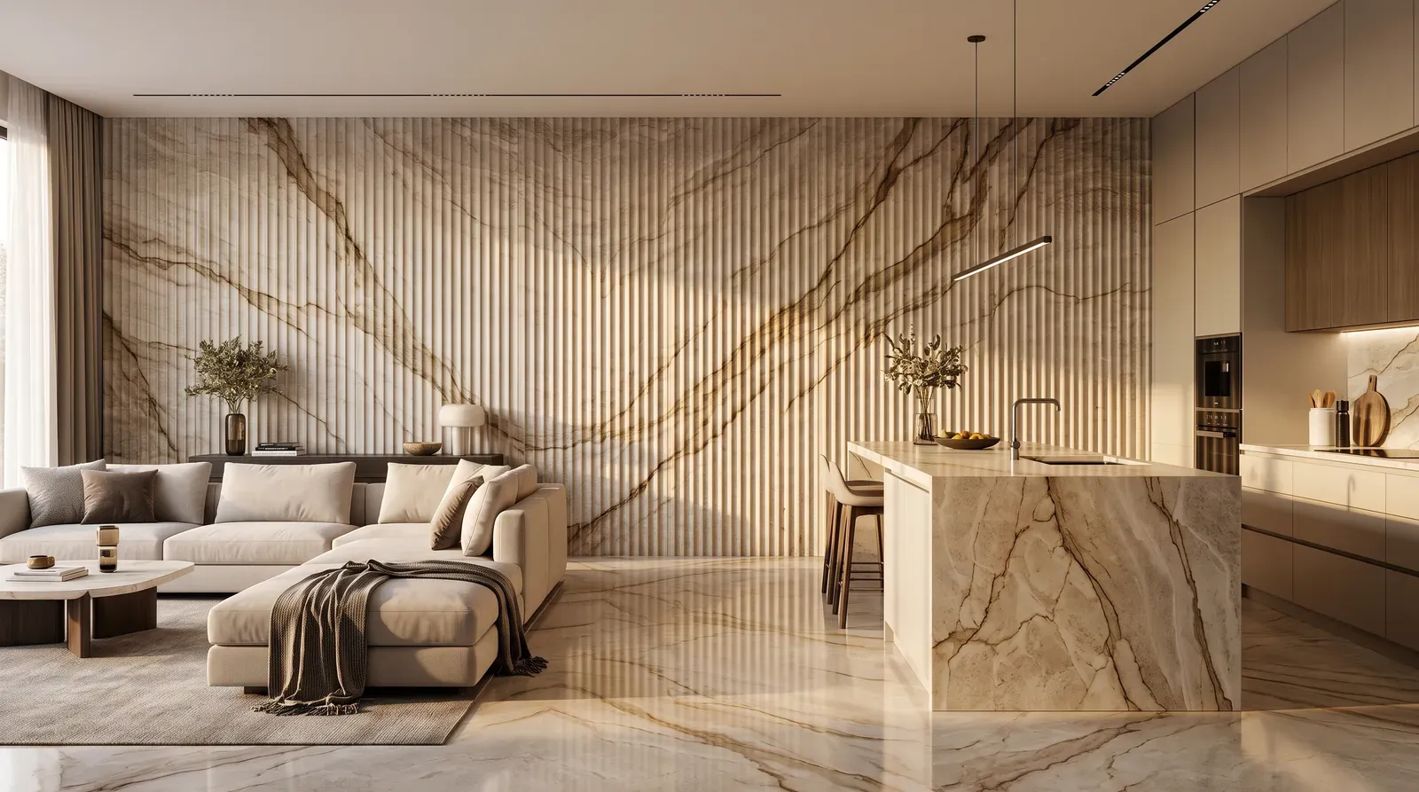 Living room and kitchen with stone walls in a continuous organic vein layout