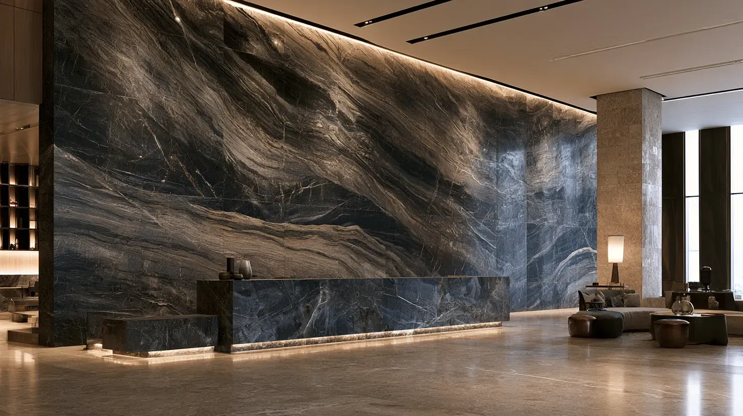 Lobby wall in dark stone with a large organic flowing pattern