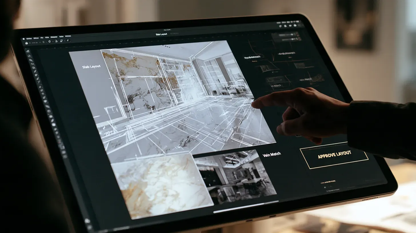 Designer arranging a slab layout on a tablet before approving the stone cutting