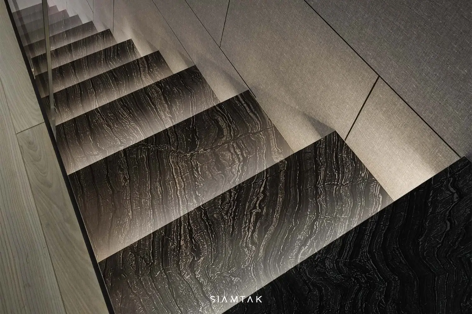 A rendering of a Black Forest Extra marble staircase with a continuous stone pattern