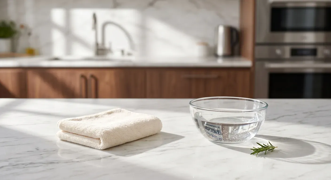 Well-maintained light natural stone countertop in a wood kitchen
