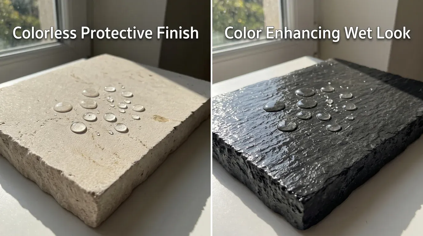 Water beading on sealed light and dark natural stone surfaces