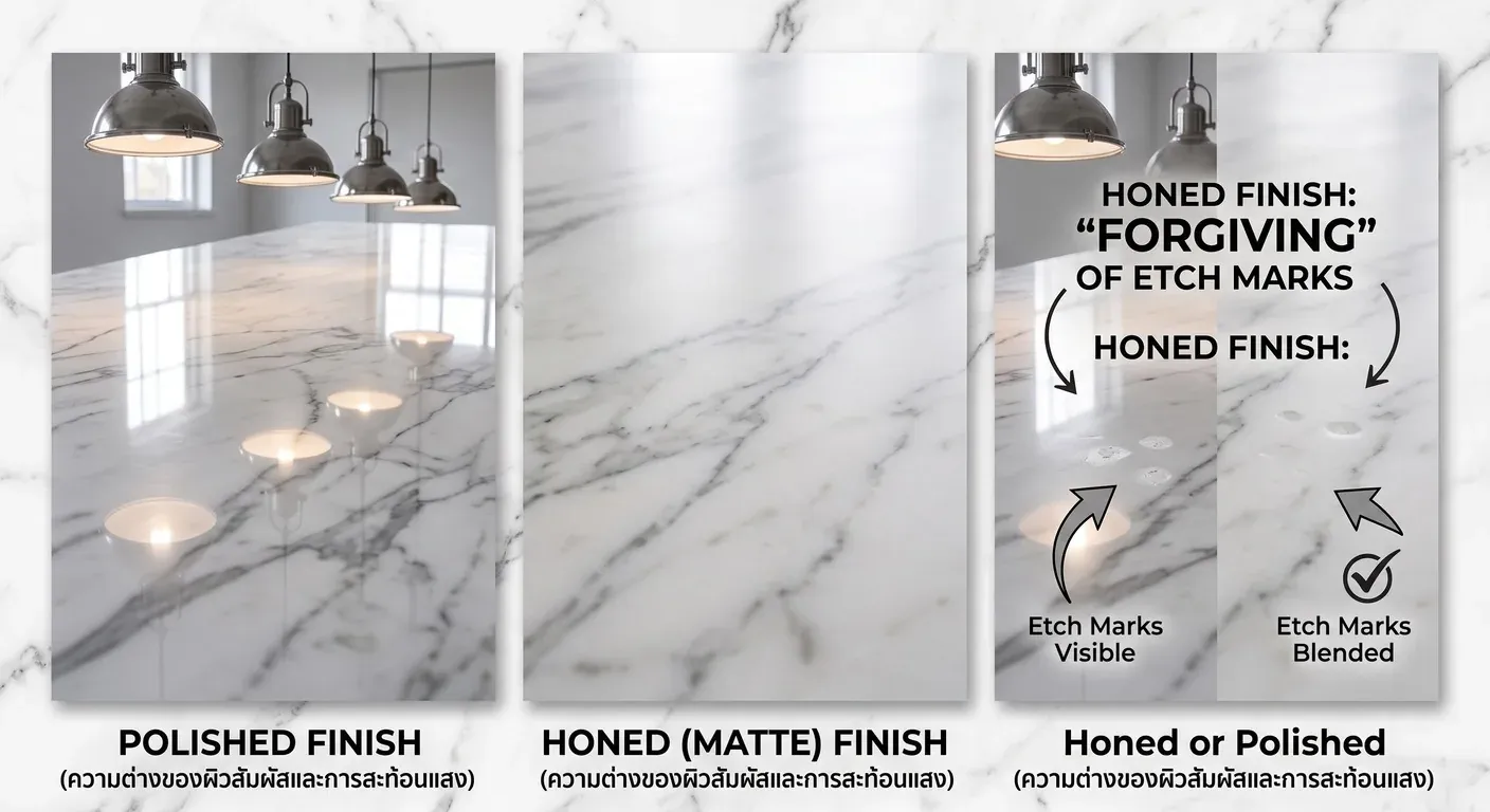 เทียบผิวหินอ่อนแบบด้าน honed ที่ซ่อนรอยกัดกรดได้ดีกว่าผิวเงา