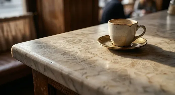 ถ้วยกาแฟวางบนขอบเคาน์เตอร์หินอ่อนสีครีม