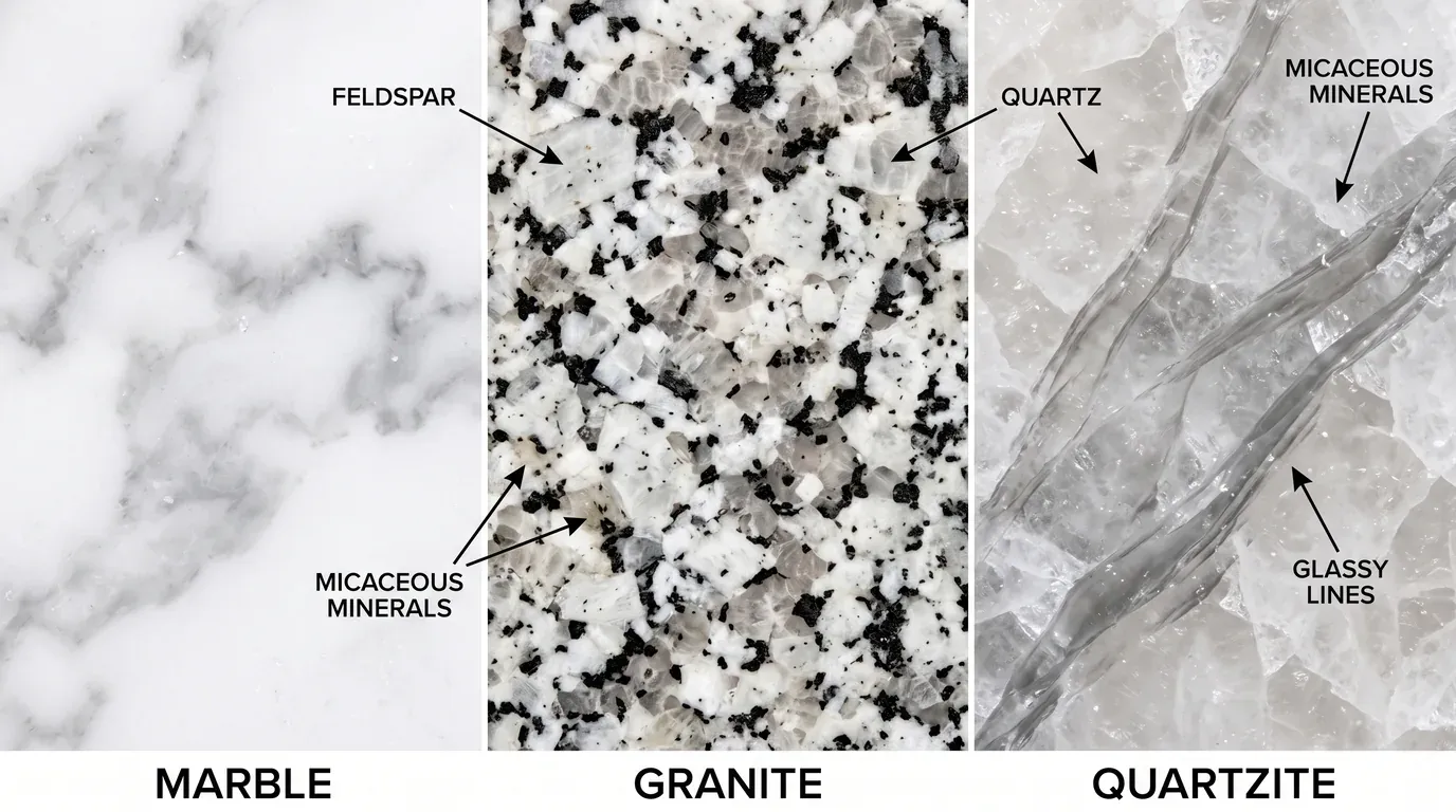 Identifying stone: micaceous flecks in granite and glassy lines in quartzite
