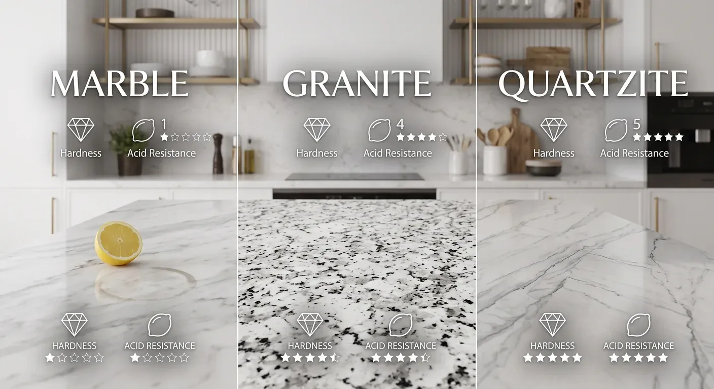 Chart comparing hardness, stain resistance and care for marble, granite and quartzite