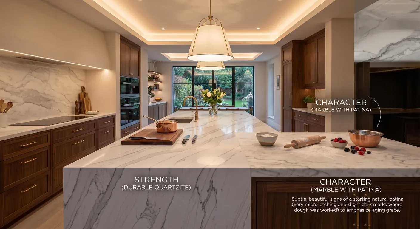 Warm wood kitchen with a characterful natural stone island