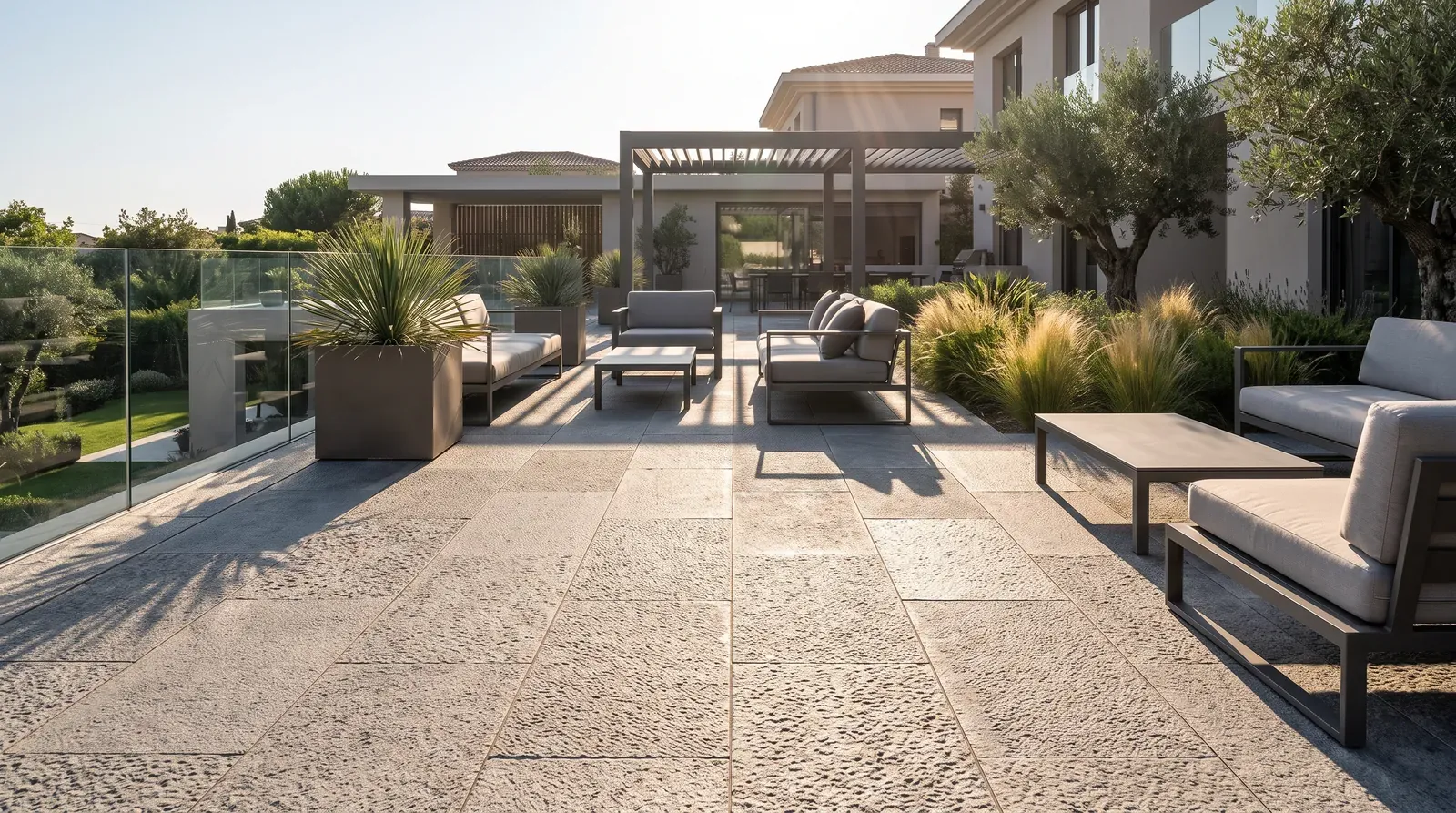 Outdoor terrace paved with rough, slip-resistant flamed stone