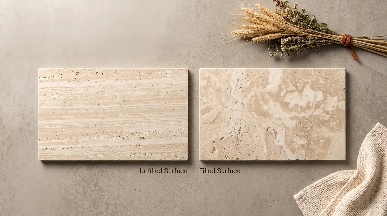 Unfilled and filled travertine slab surfaces compared side by side