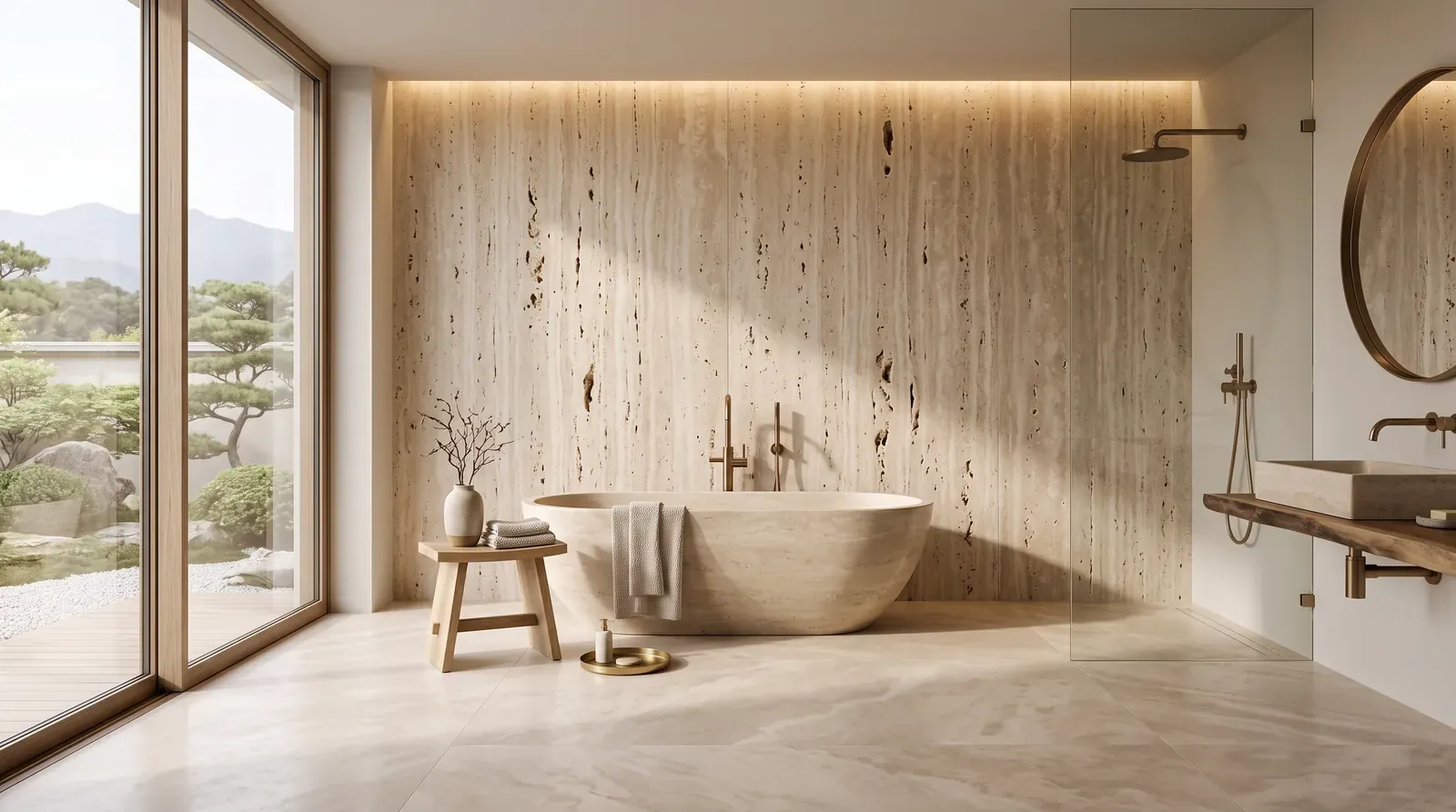 Bathroom with travertine walls, floor and bathtub in warm natural tones