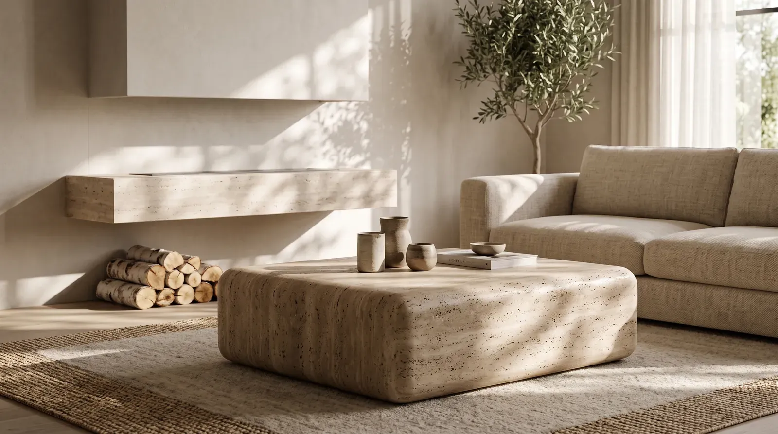 Travertine coffee table and shelving in an earth-toned living room